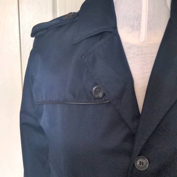 Navy Blue Trench Coat with Faux Leather Trim - Picture 4 of 9